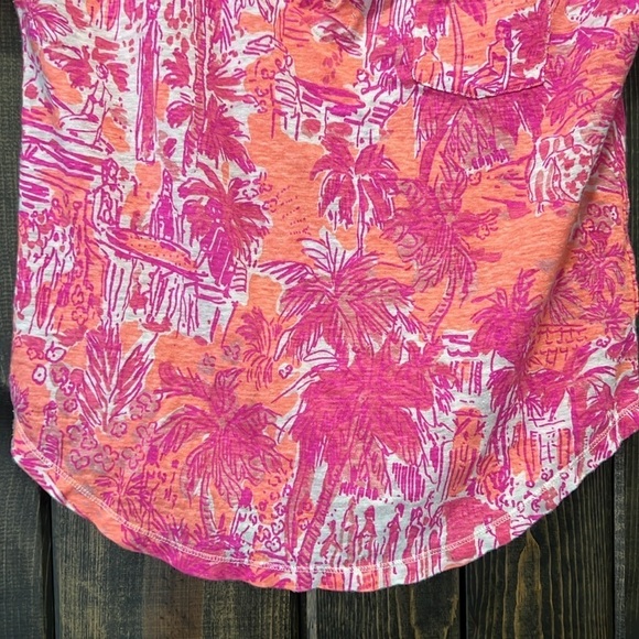 Lilly Pulitzer Linen Top S Cheeky Melon Rule Breakers Pocket Notch Split Neck - Picture 3 of 7